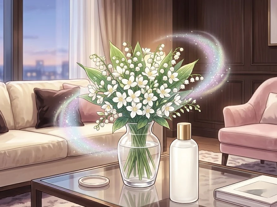 華やかで上品な香りの柔軟剤を連想させる高級ホテルのような部屋と白い花束