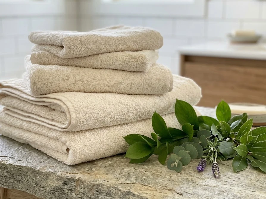 洗練された香水のような匂いと肌への優しさを表すオーガニックタオルと植物