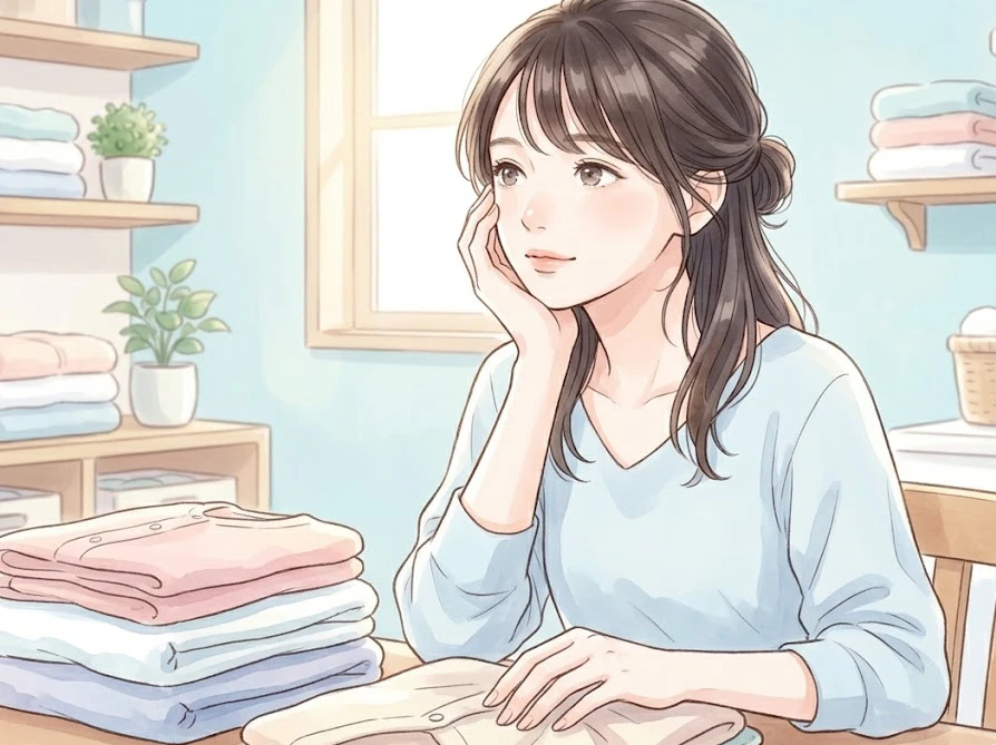 いい匂いを長持ちさせる柔軟剤の使い方や洗濯のコツについて考えている女性