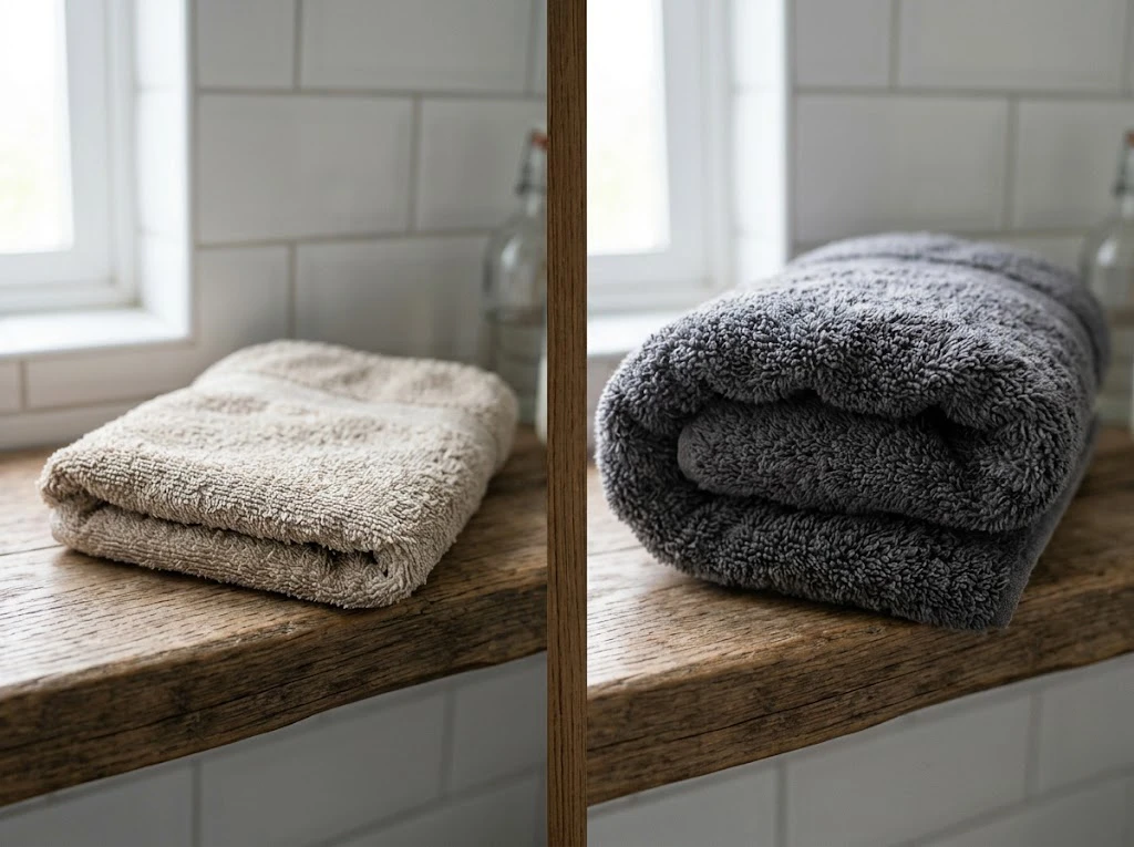 柔軟剤を正しく使用したときのふんわりと柔らかい仕上がりの違いを示すタオル