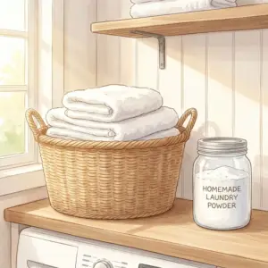 エコで地球に優しい手作り洗濯洗剤と洗い立てのタオルの明るい風景