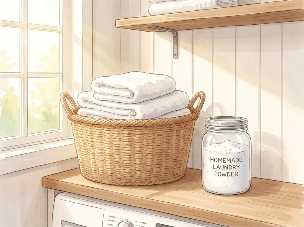 エコで地球に優しい手作り洗濯洗剤と洗い立てのタオルの明るい風景