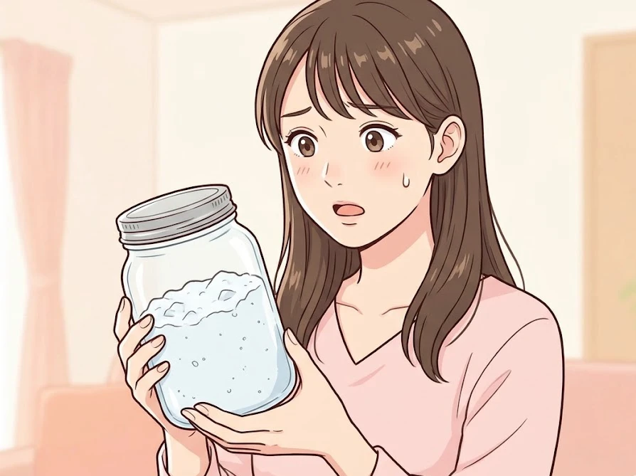 ガラス瓶の中でカチカチに固まる手作り洗濯洗剤に驚いている女性