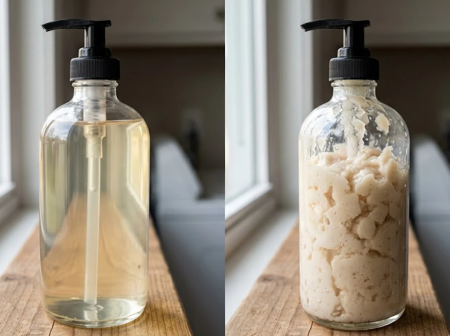 綺麗な手作りジェル洗剤とプリンのように固まった洗剤の比較