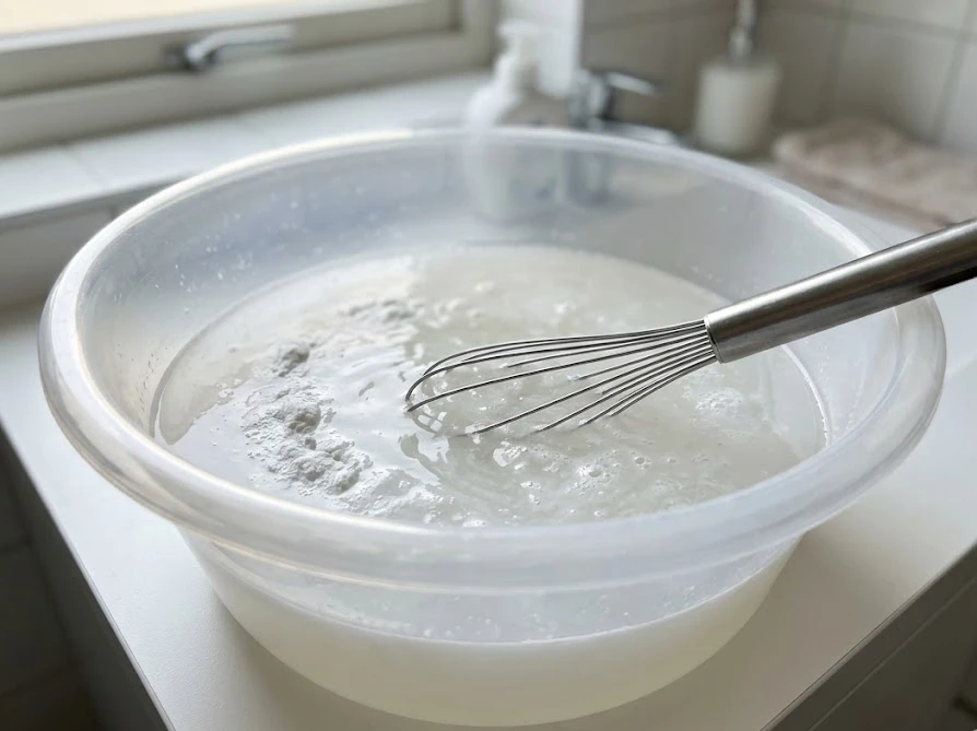 洗面器でお湯を使って固まった粉石鹸を滑らかに溶かしている様子