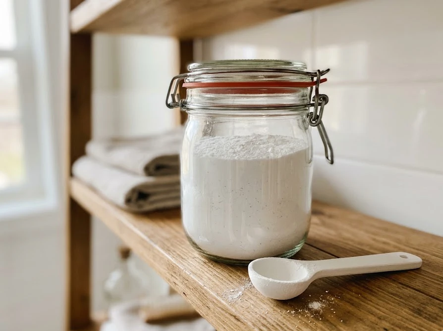 湿気を防ぐパッキン付きのガラス密閉保存容器と珪藻土スプーン