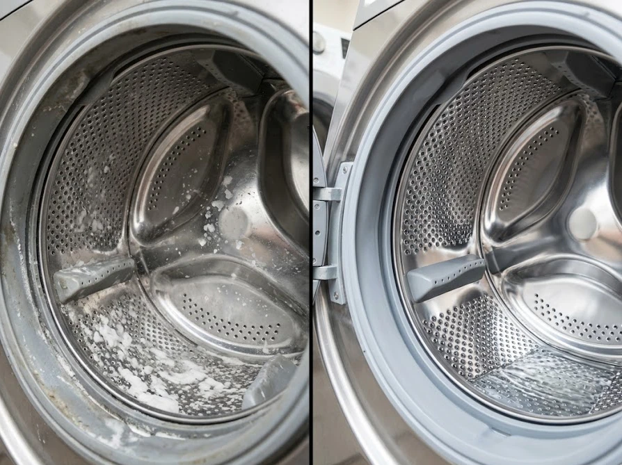 溶け残りの石鹸カスがある洗濯槽とピカピカに綺麗な洗濯槽の比較