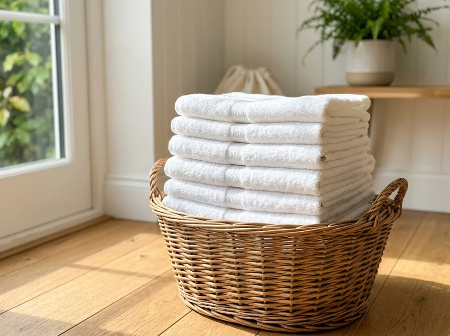 手作り洗濯洗剤で綺麗にふんわりと洗い上がった白いタオルの山