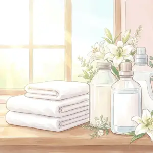 IROKAネイキッドリリーの香りを連想させる白い百合の花と綺麗に畳まれた清潔なタオル