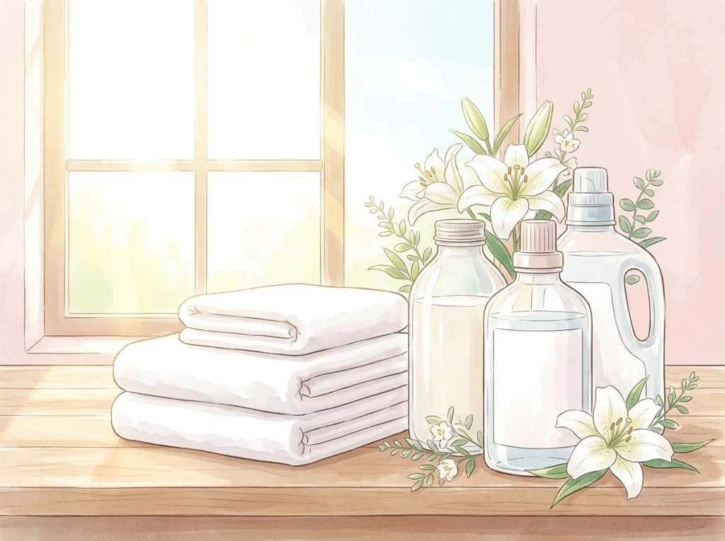 IROKAネイキッドリリーの香りを連想させる白い百合の花と綺麗に畳まれた清潔なタオル