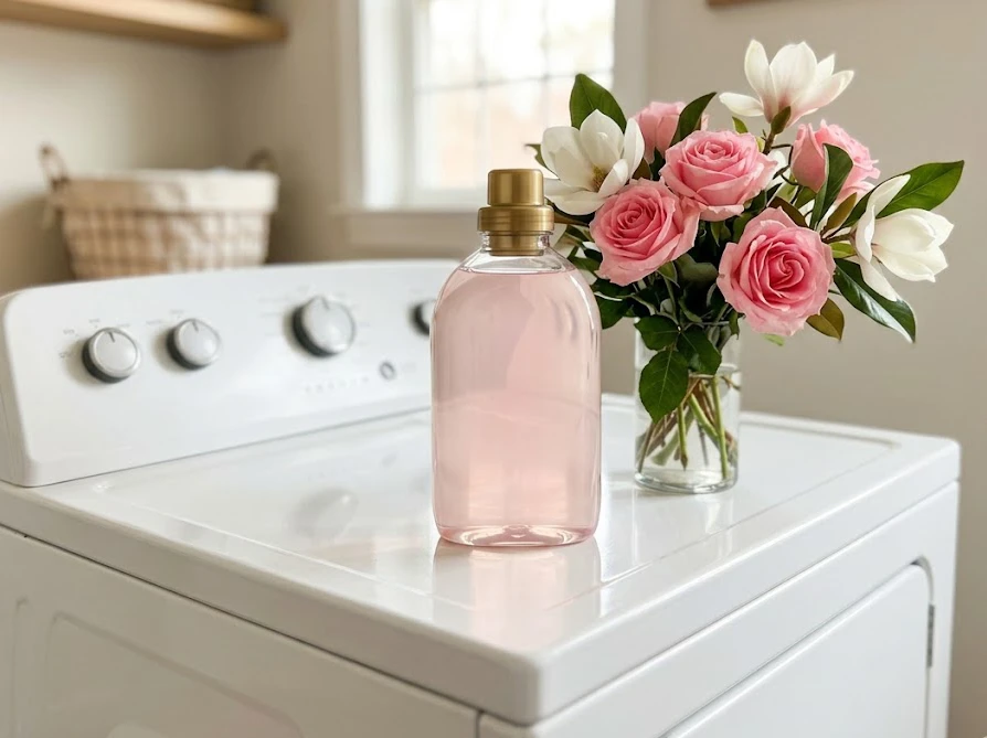 ニュービーズの香りをイメージしたローズやマグノリアの花束と洗濯機の上に置かれたボトル