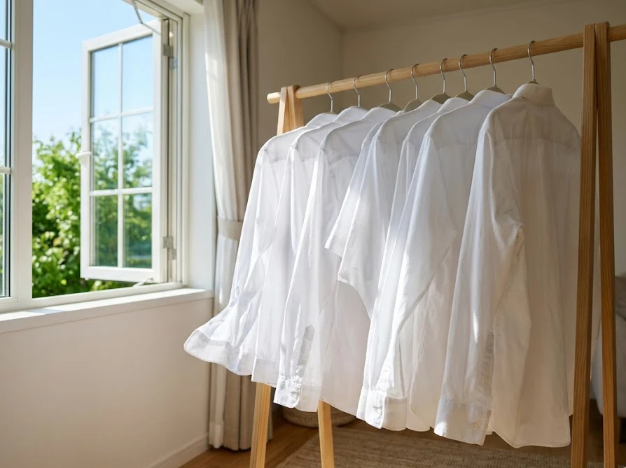 アタックゼロの洗浄力で真っ白に洗い上がり、窓辺の明るい日差しを浴びて干されているシャツ