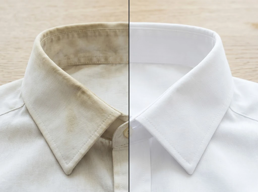 ナノックスの洗浄力で衣類のえり汚れがすっきりと落ちたビフォーアフターの比較画面