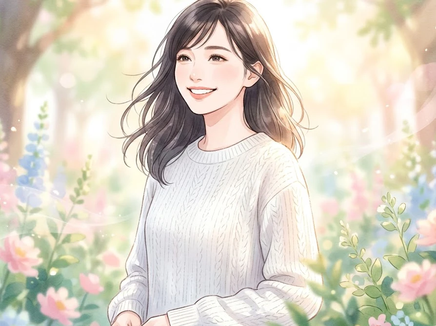 洗剤と柔軟剤の組み合わせで香水いらずの自然な香りを漂わせる白いニットを着た笑顔の女性