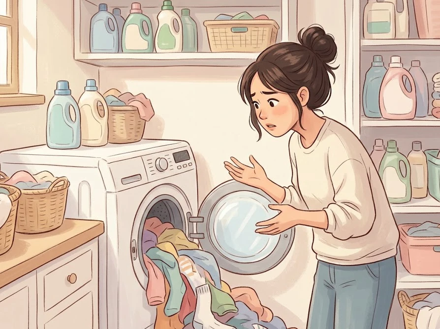 ネイキッドリリーの香りが残らない原因となる洗濯機への衣類の詰め込みすぎに悩む様子