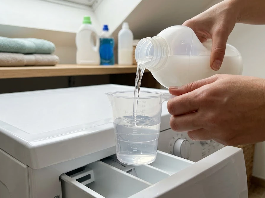 香りをしっかり残すために計量カップを使って柔軟剤の適量を正確に測っている様子