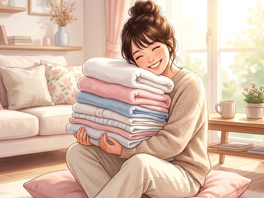 ネイキッドリリーと相性の良い洗剤で洗い上げたふんわりとした洗濯物を抱きしめる笑顔の女性