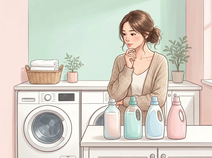 柔軟剤の香りを活かすために相性の良い洗剤の組み合わせを考える女性