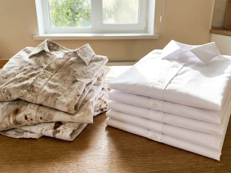 洗浄力の高い微香性洗剤で皮脂汚れが綺麗に落ちて真っ白になったシャツ