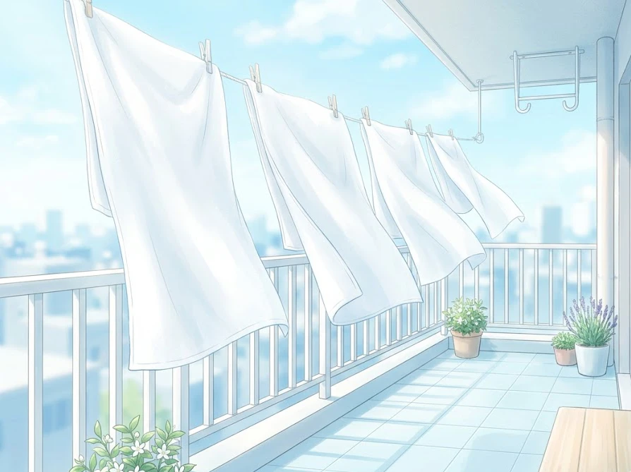 洗剤の香りを残さず清潔に洗い上げられた白いタオルの外干し風景