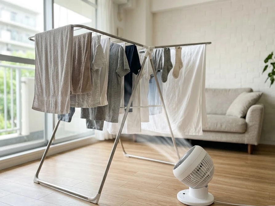 サーキュレーターの風を当てて生乾き臭を防ぎ早く乾かす部屋干しのコツ