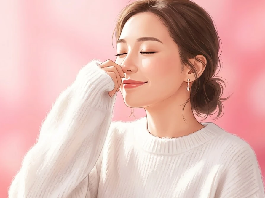 無香料洗剤で洗い上げたセーターからふんわりと漂う柔軟剤の香りを楽しむ女性