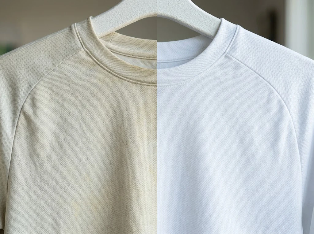 蓄積した汗や皮脂の汚れがしっかり落ちて清潔感が蘇った衣類の仕上がり比較