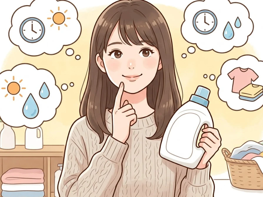 柔軟剤と洗剤のベストな組み合わせや匂いが残らない原因について考える女性