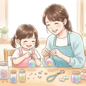 親子で楽しく洗濯のりを使ったキーホルダーを手作りしている様子