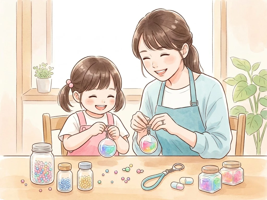親子で楽しく洗濯のりを使ったキーホルダーを手作りしている様子