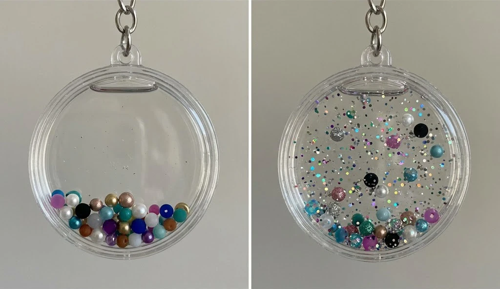 水のみと洗濯のりを混ぜた場合のキーホルダーの中身の動きの比較