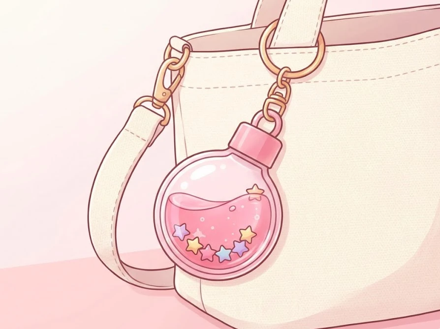 手作りの洗濯のりキーホルダーを子供のバッグに取り付けている様子