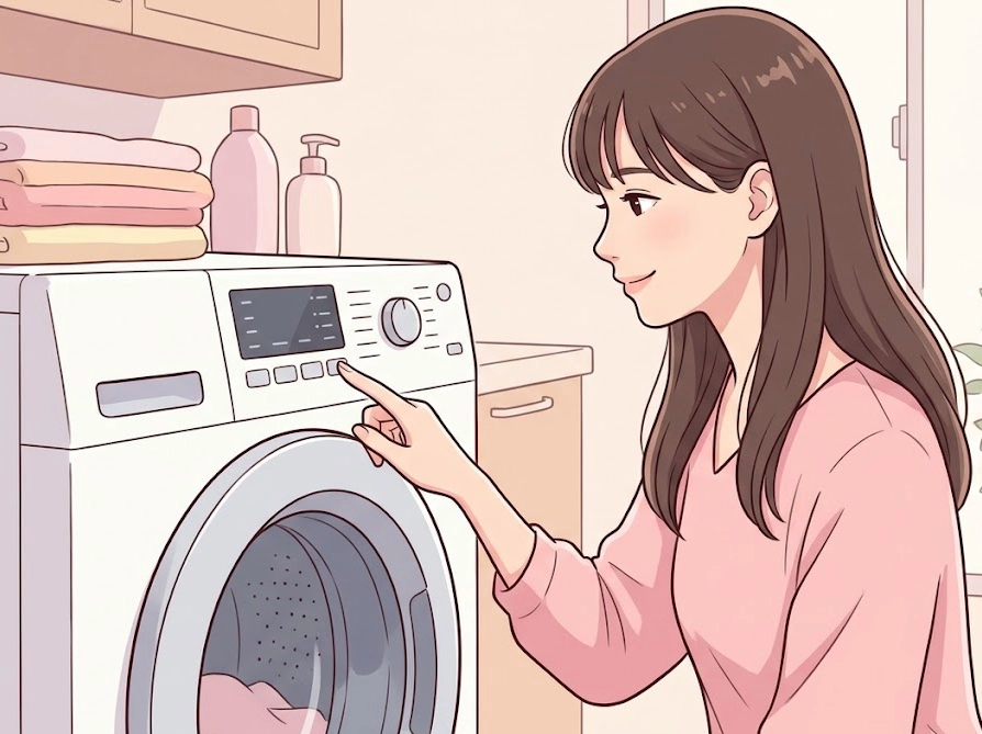 洗濯機の操作パネルを確認する日本人女性。自動投入の設定を行う様子