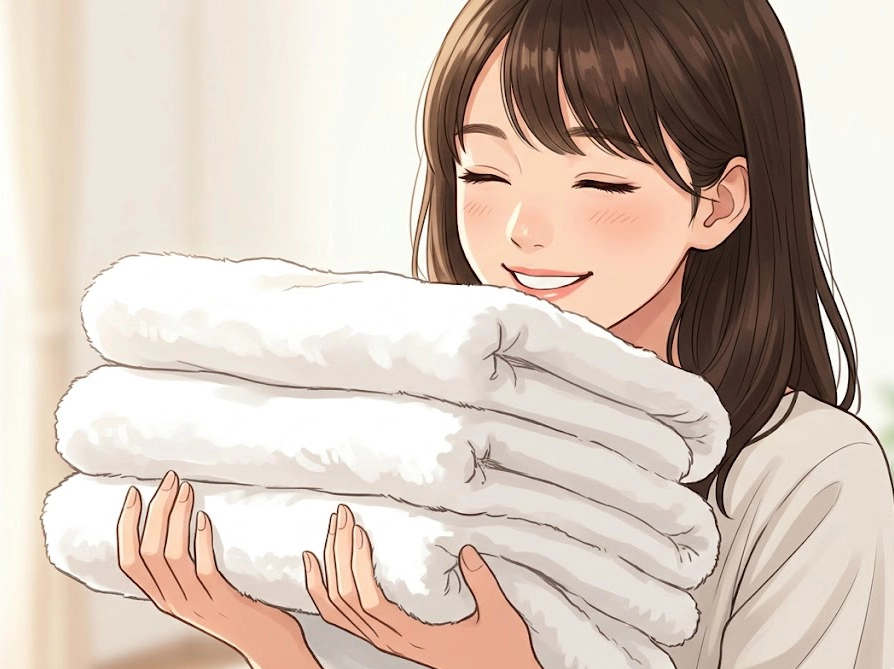 ラボンで洗ったふわふわのタオルを抱きしめる女性。柔軟剤入り洗剤の仕上がり