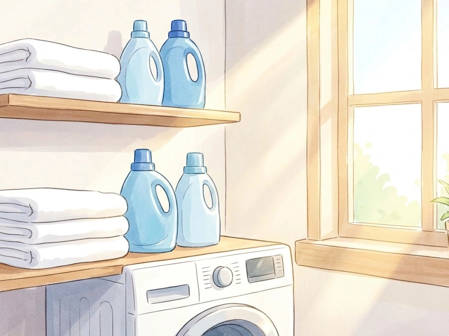 清潔な洗濯物に囲まれて笑顔を見せる女性。ラボンの香りに包まれる豊かな暮らし