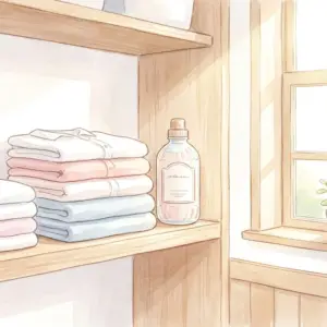 ふんわりと洗い上がった清潔な洗濯物と柔軟剤ボトルの明るい光景