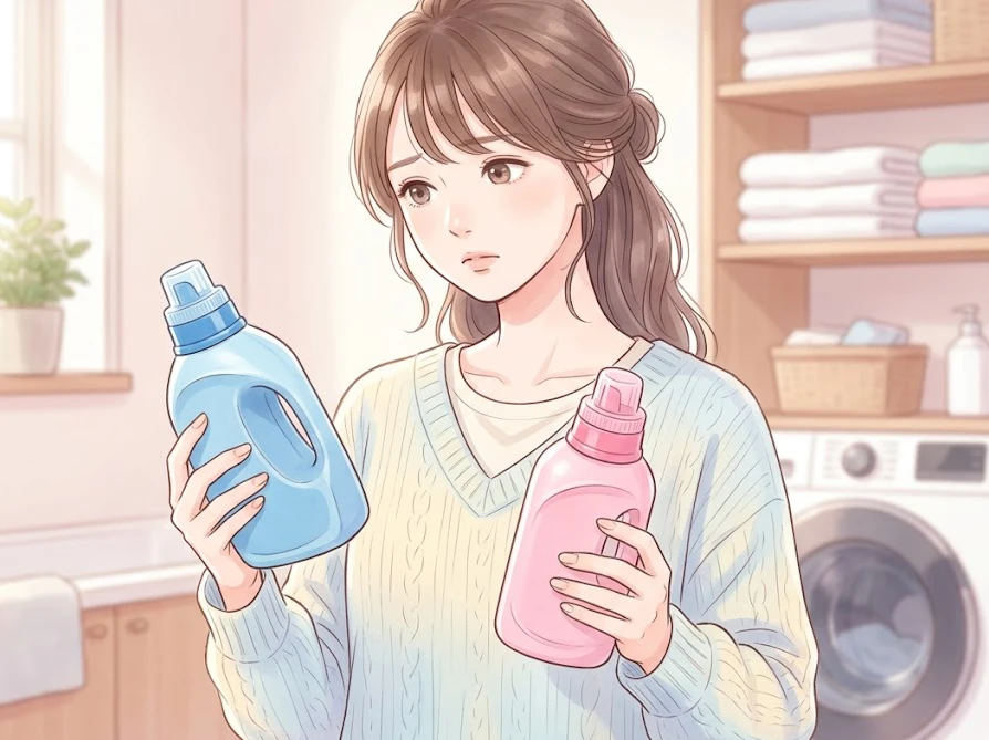 柔軟剤と洗濯洗剤の役割の違いについて洗濯機の前で考えている女性