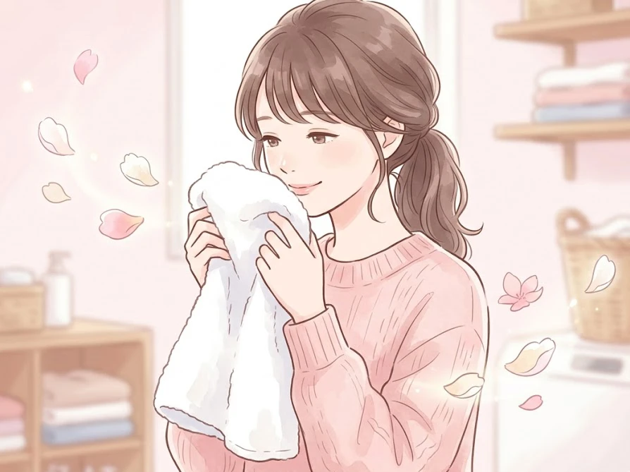 レノアハピネスの華やかな香りに包まれて洗い上がりのタオルを嗅ぐ女性