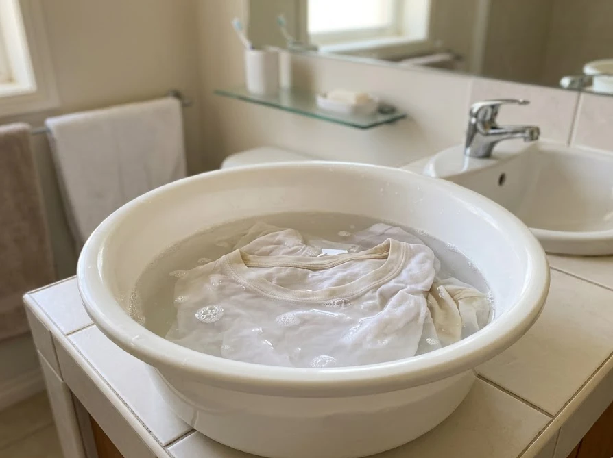 頑固な皮脂汚れを落とすために洗面器のぬるま湯で衣類をつけ置きしている様子