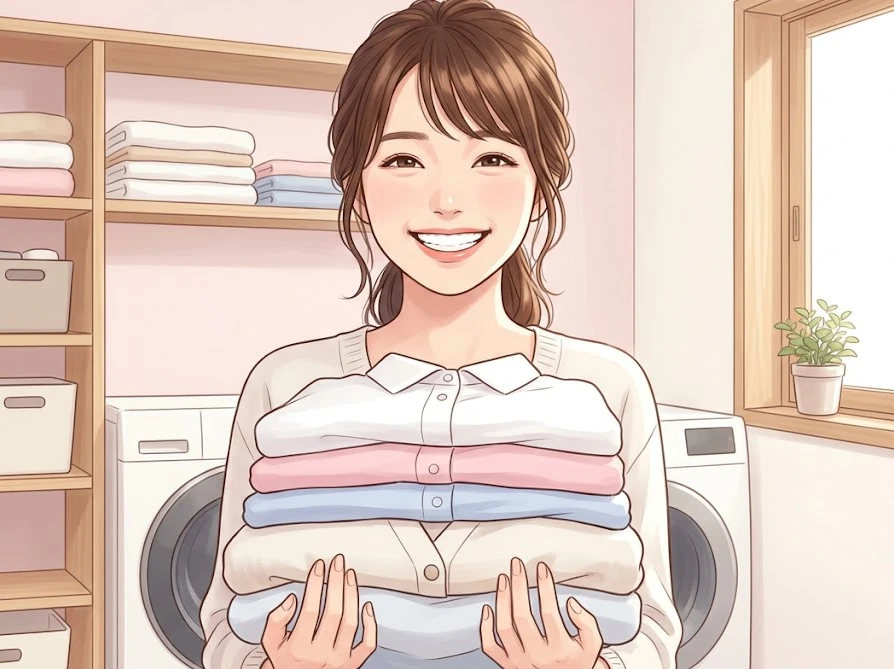 正しい洗濯手順で綺麗に洗い上がった衣類を畳んで満足そうな女性
