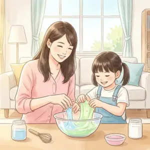洗濯のりとアリエールを使って、親子で楽しくスライム作りをしている様子