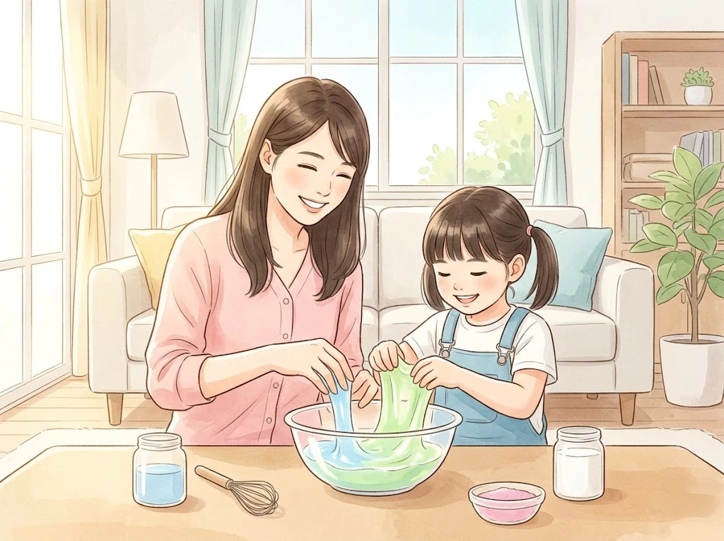 洗濯のりとアリエールを使って、親子で楽しくスライム作りをしている様子