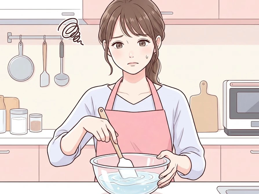 アリエールと洗濯のりを混ぜても固まらず、シャバシャバの液体になって困っている女性