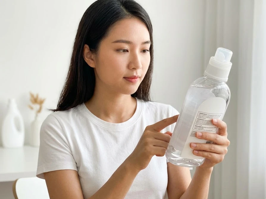 スライム作りに失敗しないよう、洗濯のりのボトルの裏面にある成分表示を確認する様子