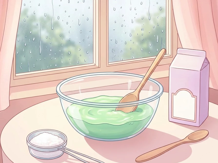 湿度や気温の影響でスライムが固まらないトラブルを防ぐため、雨の日の室内で工夫して作る様子