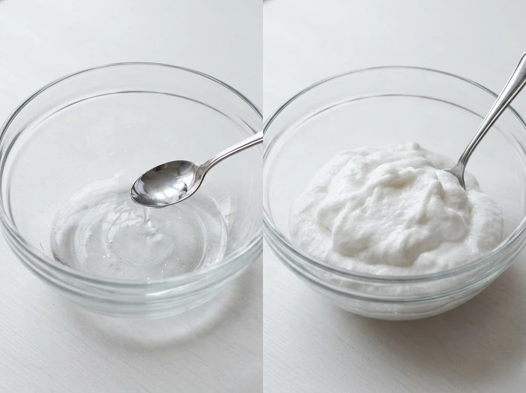 通常のスライムと、シェービングフォームを加えてふわふわにアレンジしたスライムの比較