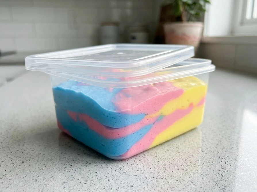 乾燥を防いで長持ちさせるため、完成したスライムを蓋付きの密閉容器に入れて保存している状態