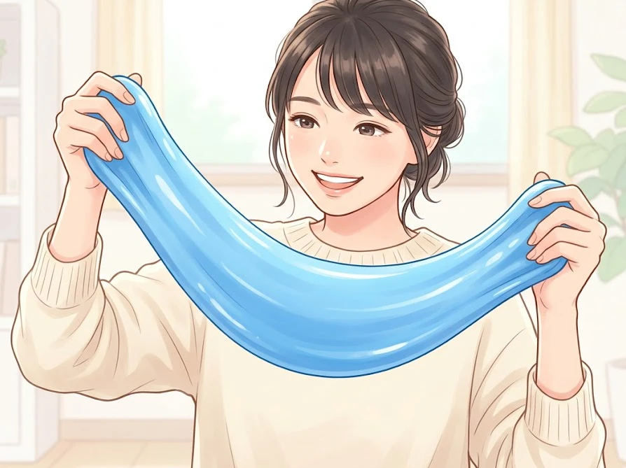 洗濯のりとアリエールの正しい分量で、シャバシャバにならずよく伸びるスライムが完成した様子