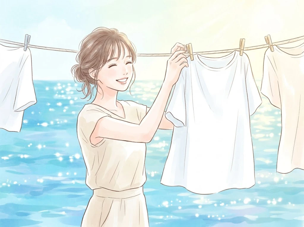 マイクロプラスチック不使用洗剤で洗った白い服を干す笑顔の女性と美しい海の風景