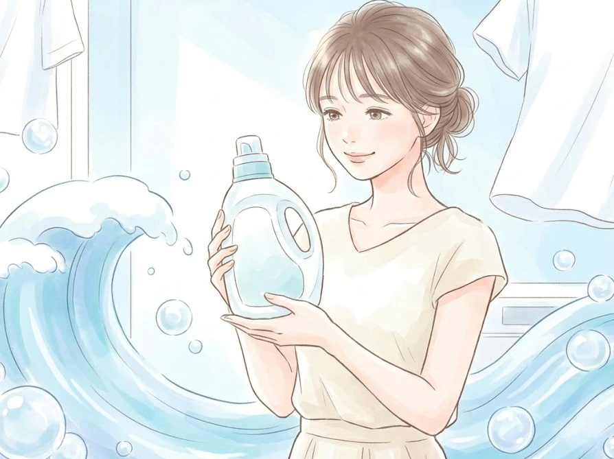 環境に配慮したマイクロプラスチック不使用洗剤と洗濯の泡が美しい海へ繋がるイメージ